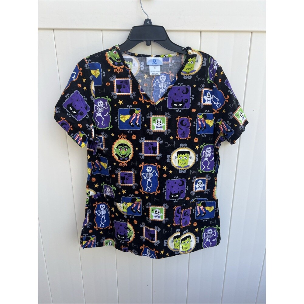 SB SCRUBS Black HALLOWEEN Medical Scrub Top Shirt Womens Medium